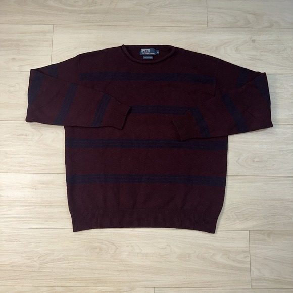 Vintage Polo Ralph Lauren Burgundy Striped Lambswool Roll Neck Sweater XL Casual - Picture 2 of 8